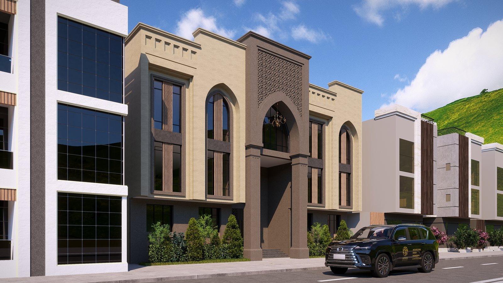 Oblique exterior view of Abdulxadi Apartment in its Madinah street context.