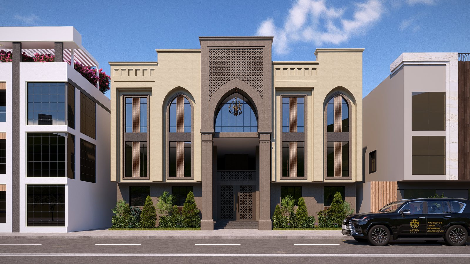 Second street perspective of the Abdulxadi Apartment facade.