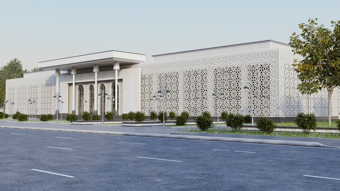 Administrative building in Tashkent — 10 of 20, showing the arched panjara screen and the circular assembly hall