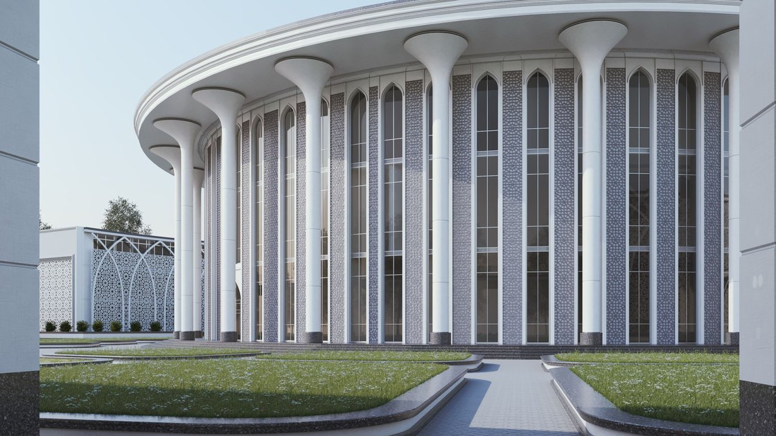 Administrative building in Tashkent — 15 of 20, showing the arched panjara screen and the circular assembly hall