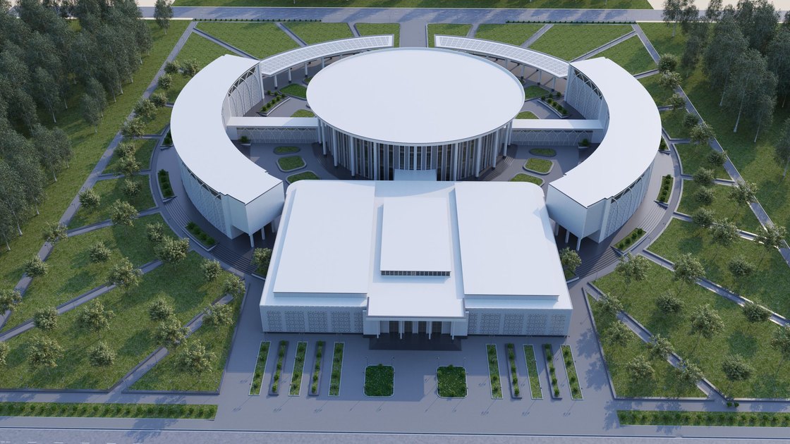 Administrative building in Tashkent — 18 of 20, showing the arched panjara screen and the circular assembly hall