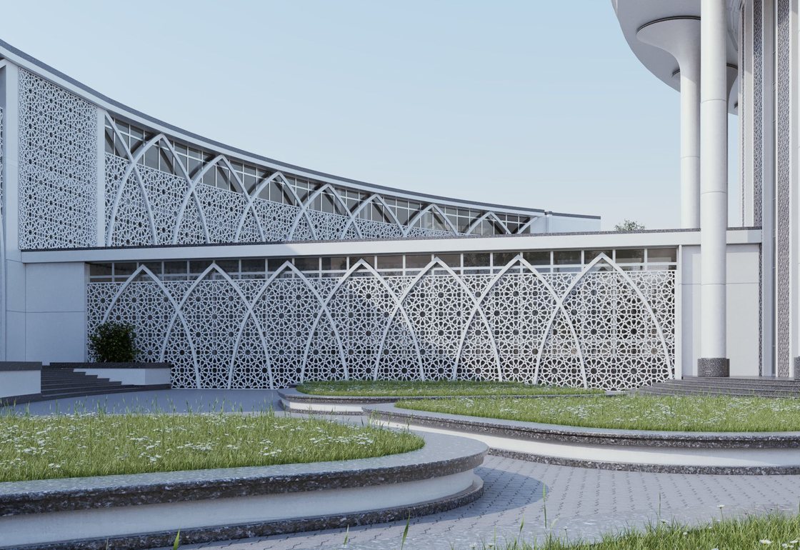 Administrative building, arched perforated screen