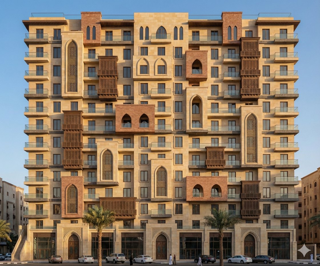 The Alfaf elevation, wooden mashrabiyas and stone arches over a shopfront colonnade