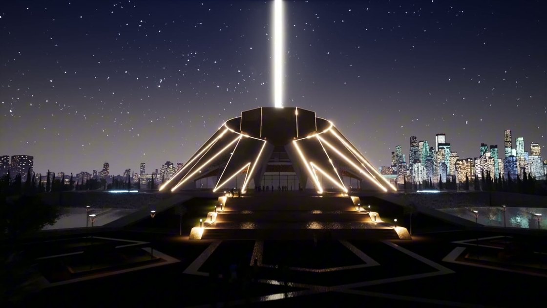 The Ayah Project at night, the vertical beam standing over the approach