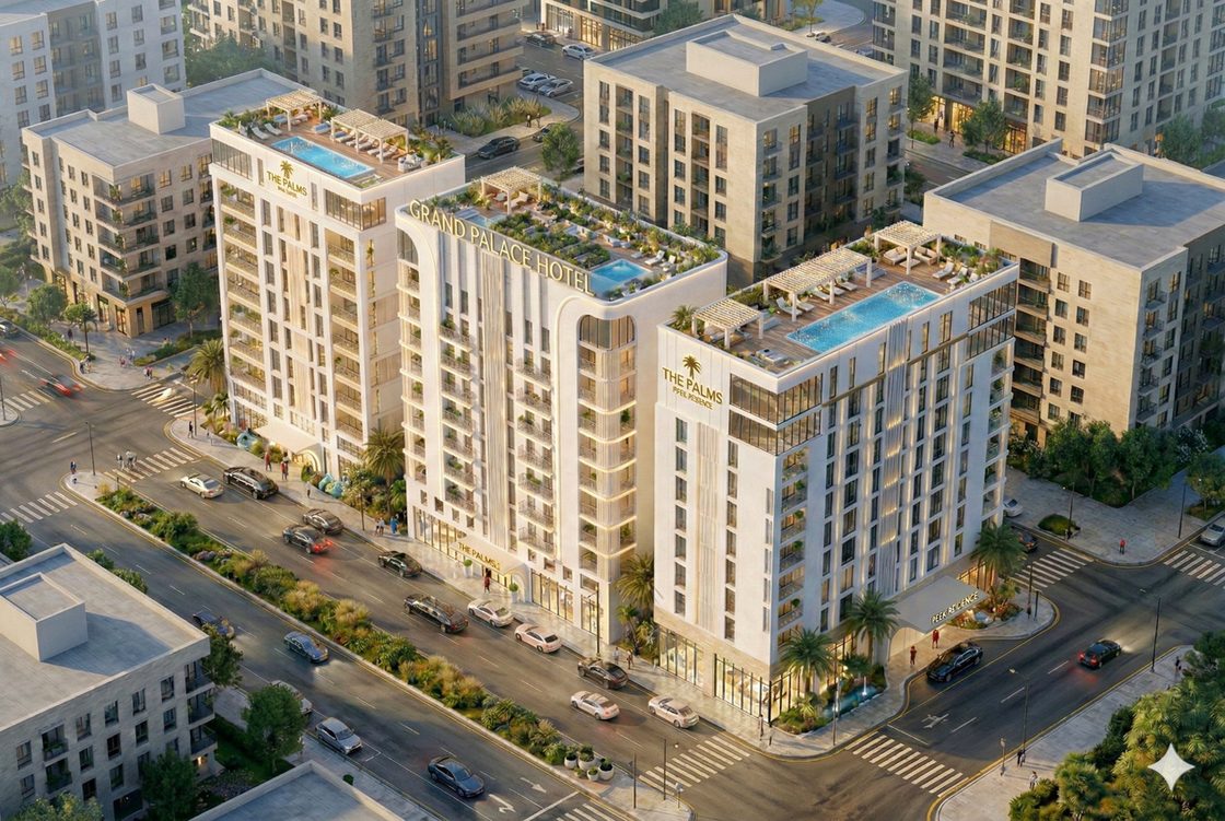 Closer aerial render of the main hotel block, its name written on the crown of the building.