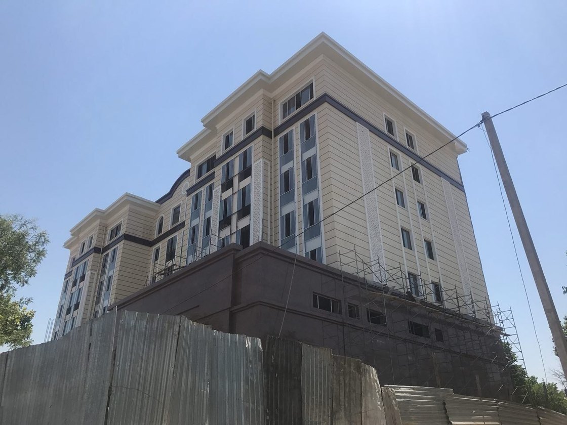 The block from the street during construction