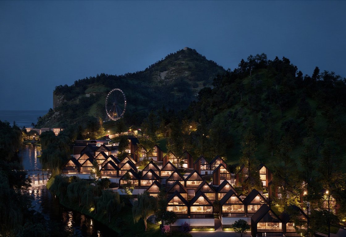 Resort village at night