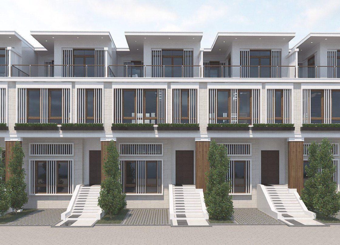 Townhouse facade study — brick and timber variant