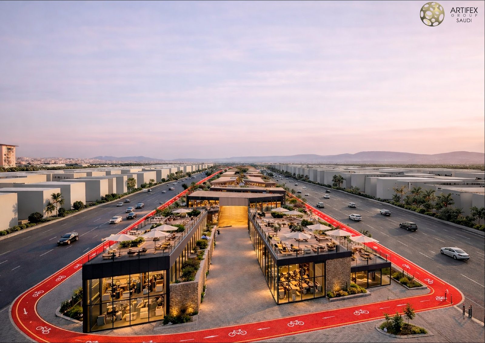 Aerial view of the Al Hijrah Walkway with the red active-mobility loop around the linear commercial public realm.