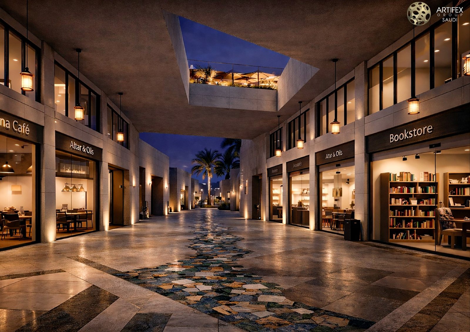 Covered retail lane within Al Hijrah Walkway.