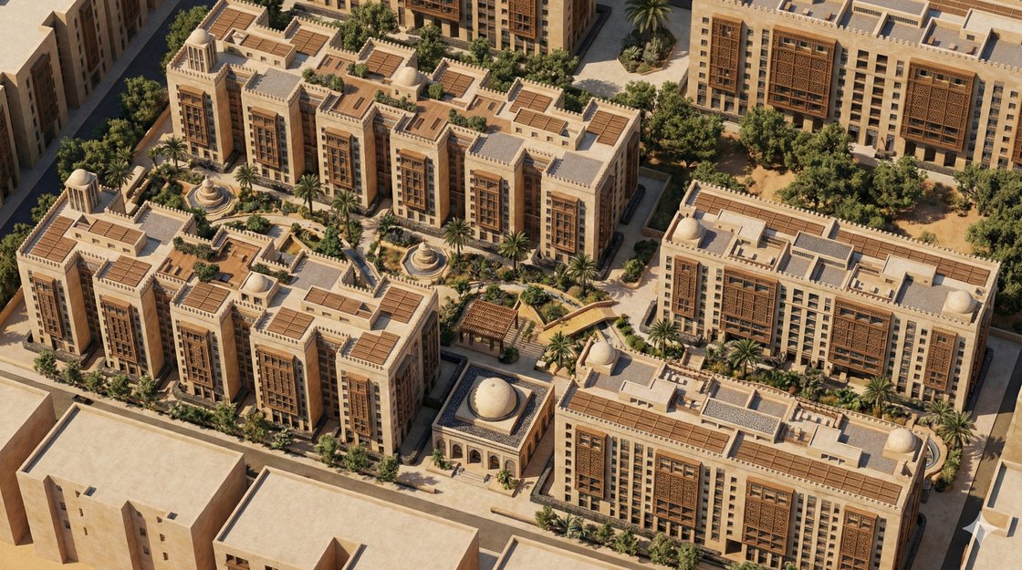 Wareef from above: terraced residential blocks around planted courtyards