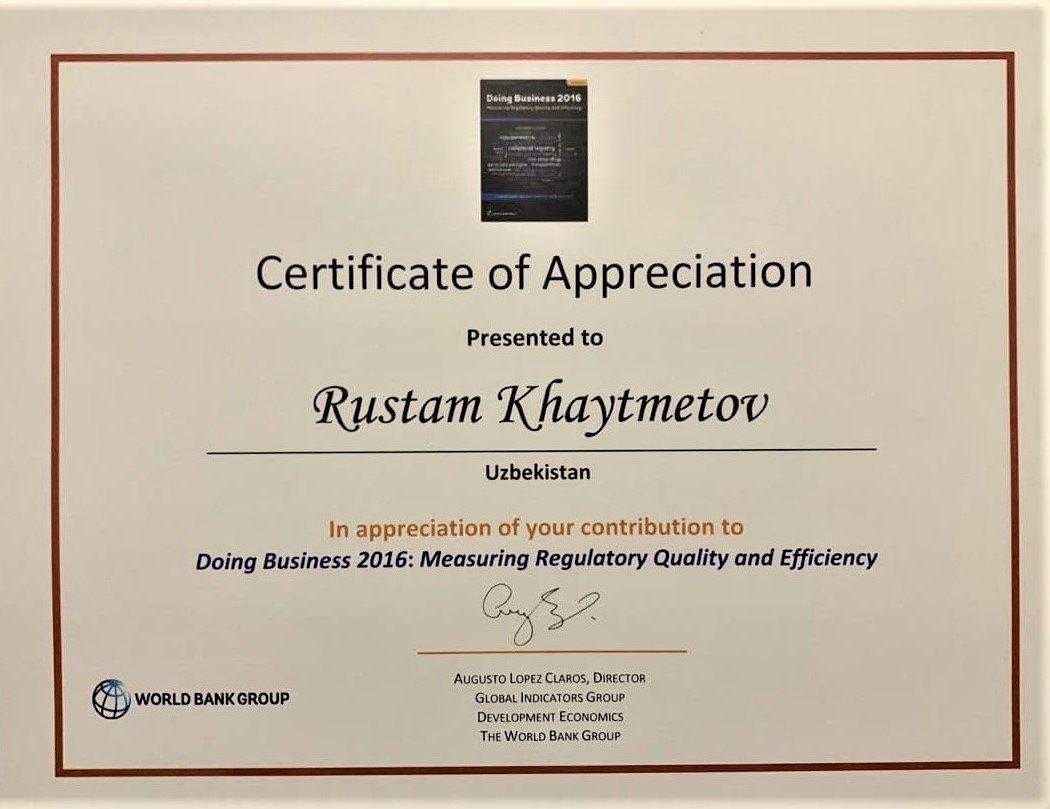 Certificate of Appreciation, Doing Business 2016: Measuring Regulatory Quality and Efficiency
