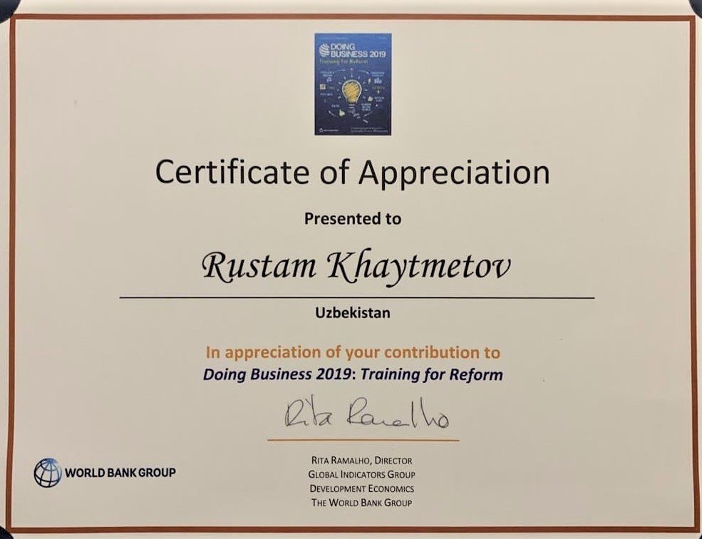 Certificate of Appreciation, Doing Business 2019: Training for Reform