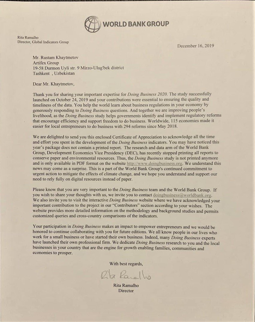 Letter from Rita Ramalho, Director of the Global Indicators Group, World Bank Group, to Rustam Khaytmetov, 16 December 2019
